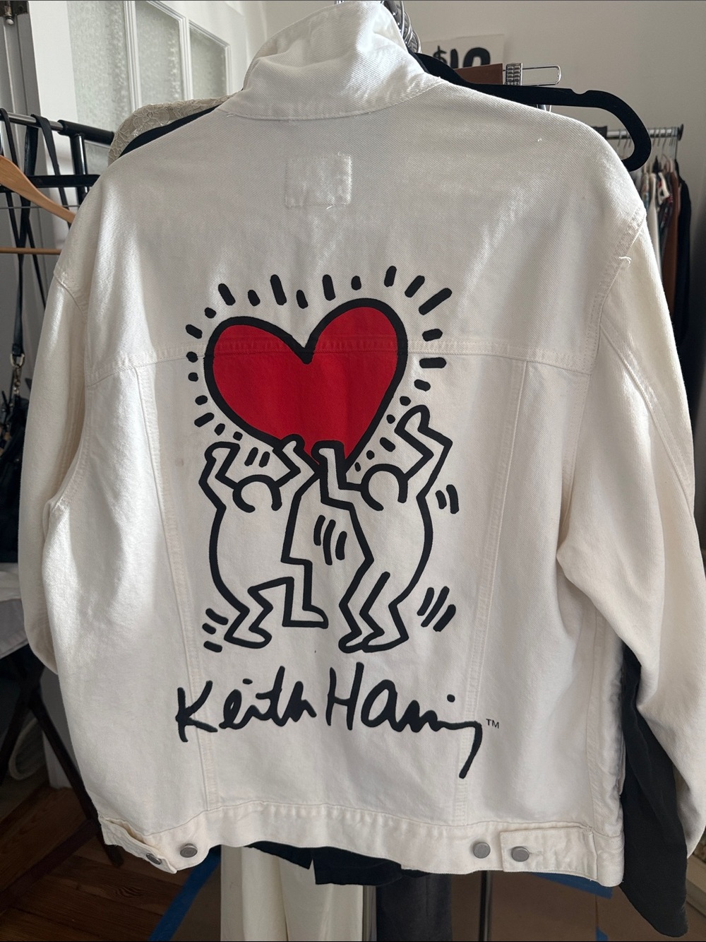 H&M White denim oversized jacket w Keith harin in back